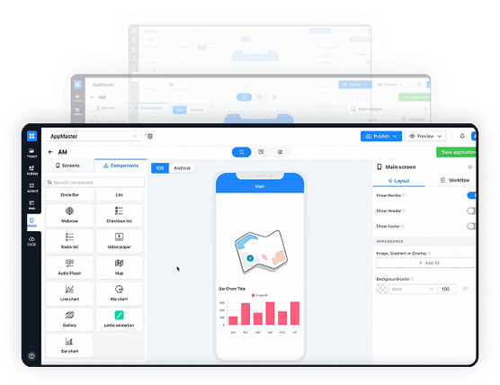 Badge design software shown on a laptop and mobile app